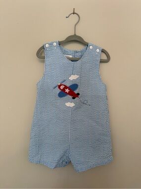Blue Gingham Airplane Embroidered Baby Boy Romper Jon Jon